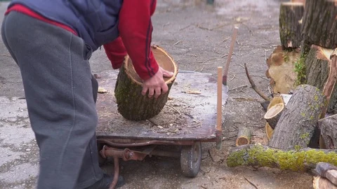 Workers load large logs of wood and sticks an ax into a log Stock Footage 105381428