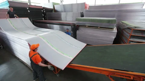 Workers Loaded Polycarbonate Sheets To The Tape Stock Footage 56230797