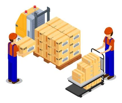 Workers loading boxes at forklift with pallet with card boxes, postal Stockillustratie