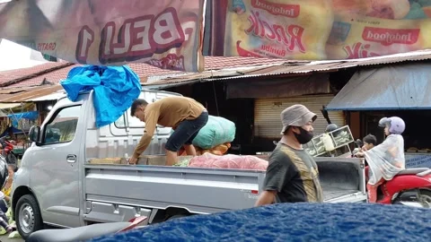 Workers loading crates of tomatoes onto pickup truck at market in Mamuju Video stock 330699055