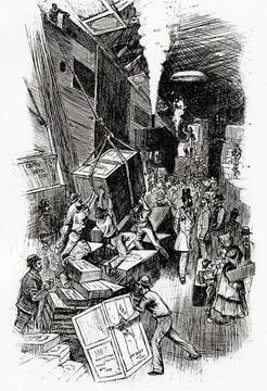 Workers loading freight for Europe on a New York wharf, 19th century.  From Amer Stock Illustration