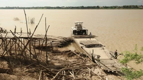  Workers loading a layer o bamboo matting inside a barge  Stock Footage 170103224