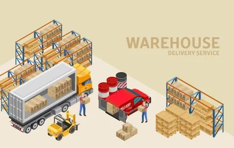 Workers loading truck and van in warehouse Stock Illustration