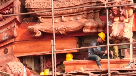 Workers making relief at Sanctuary of truth in Thailand  Stock Footage 61905681