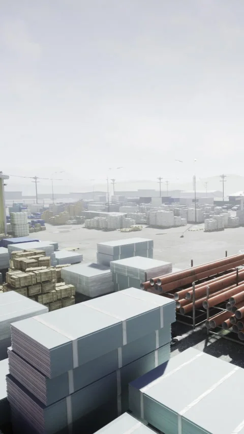 Workers manage cargo in a busy shipping yard during daytime hours Stock Footage 334173024
