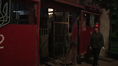 Workers Miners are Walking through the Gate Woman is Standing at the Gate Men Stock Footage 53503675