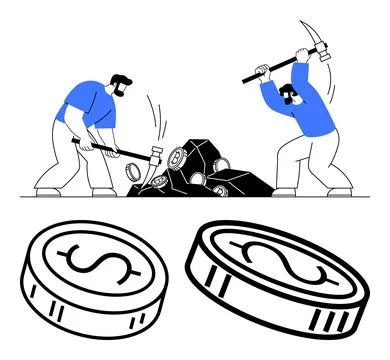 Workers Mining Cryptocurrency with Picks, Coins Showing Dollar Signs Nearby.. 스톡 일러스트