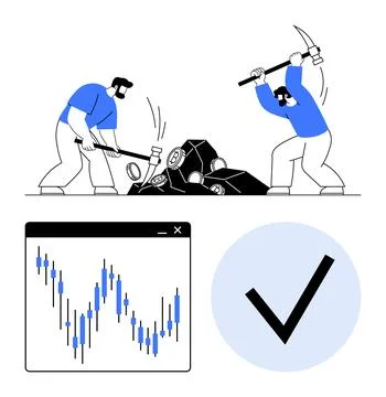 Workers mining data collaboratively with sledgehammers, graph with fluctuatin Illustrazione stock
