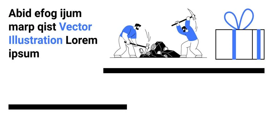 Workers mining with pickaxes, breaking rocks. Large present in blue and white Stock Illustration