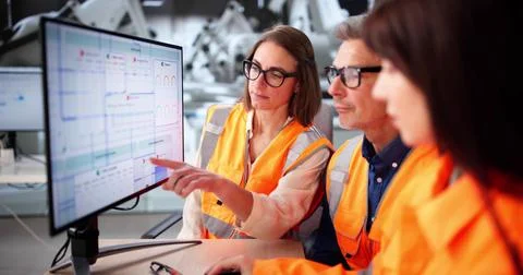 Workers Monitor Engineering Processes Using Computers In Auto Industry Factor Stock-Fotos