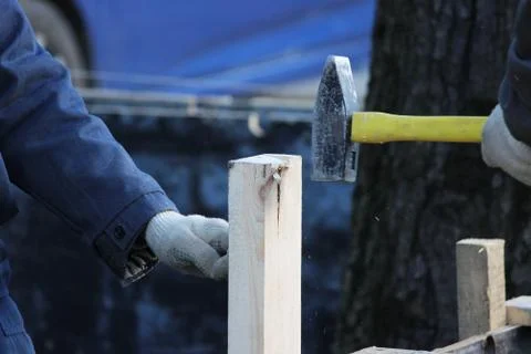 Workers mount the formwork for pouring concrete and tiling Stock Photos