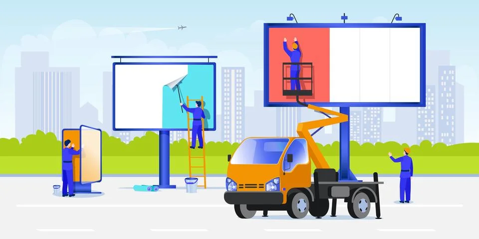 Workers mount posters using stairs and aerial work platforms. Street advertis Stock-Illustration
