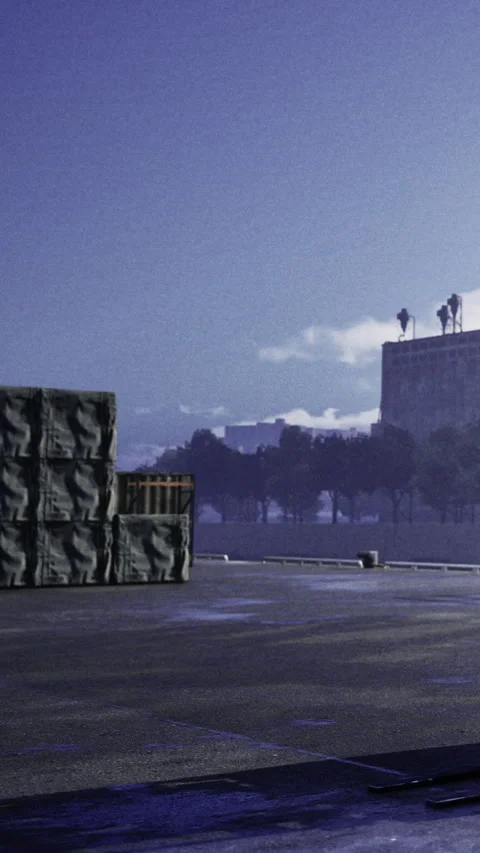 Workers move boxes at a dock with a city skyline in the background Stock Footage 331682243