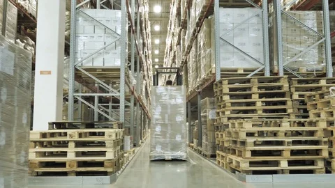 Workers Moves on a Forklift with Boxes in a Warehouse Stock Footage
