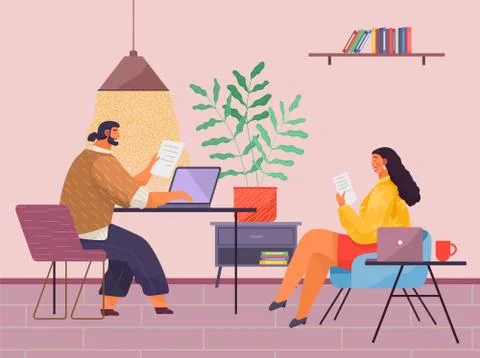 Workers in office, man sitting at table and working with document, report using Illustrazione stock