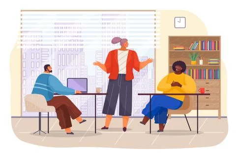 Workers in office with panoramic window, young woman talking with colleagues Stock Illustration