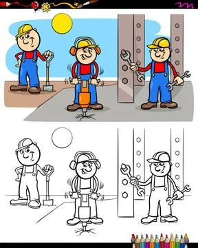 Workers or builders characters coloring book Cartoon Illustration of Manua... Stock Photos