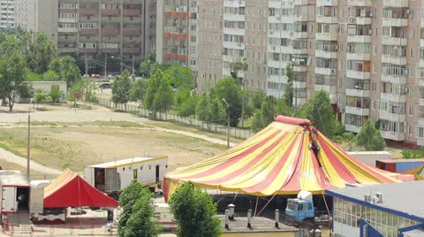 Workers packing circus pavilion Stock Footage 24713728