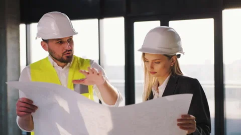 Workers Partners Holding Drawing Plan Whatman at Modern Unfinished Business Stock Footage 234081135