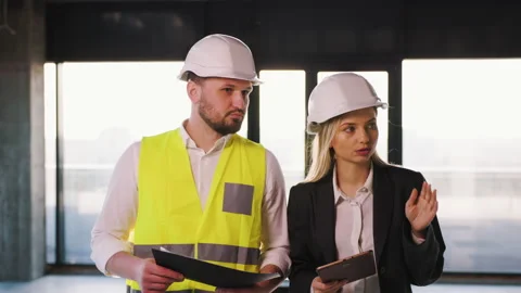 Workers Partners Holding Drawing Tablet Walking at Modern Unfinished Business Stock Footage 234081677