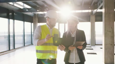 Workers Partners Holding Drawing Tablet Walking at Modern Unfinished Business Stock Footage 235631123