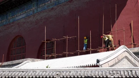Workers perform architecture maintenance in Beijing. Stock Footage 110621526
