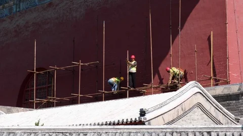 Workers perform architecture maintenance in Beijing. Stock Footage 110622320