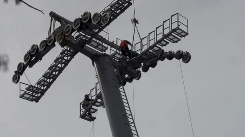 Workers perform installation of multi-ton metal structure on site support. Stock Footage 106799552