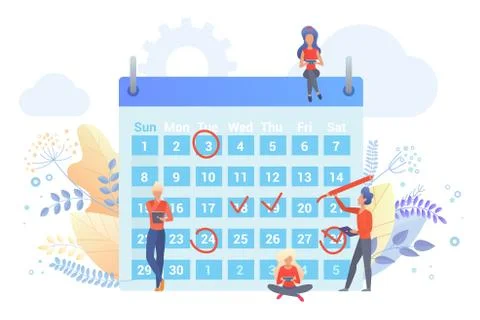 Workers planning time with calendar flat vector illustration. People marking Stock Illustration