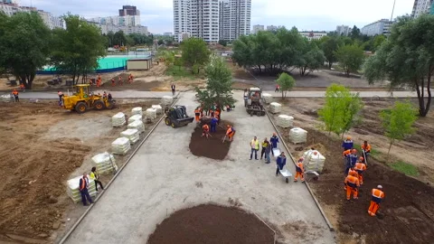 Workers plant trees. Quadcopter view people plant trees. Stock Footage 93809394