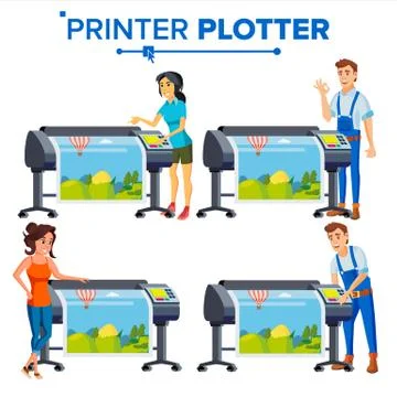 Workers With Plotter Set Vector. Woman, Man. Prints Beautiful Picture, Banner Ilustración de archivo
