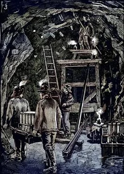 Workers position dynamite cartridges in underground tunnels in preparation for Illustrazione stock