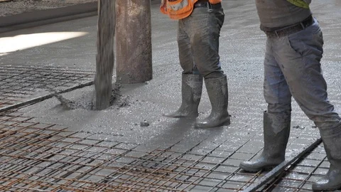 Workers Pouring Concrete Slab Stock Footage 104746768