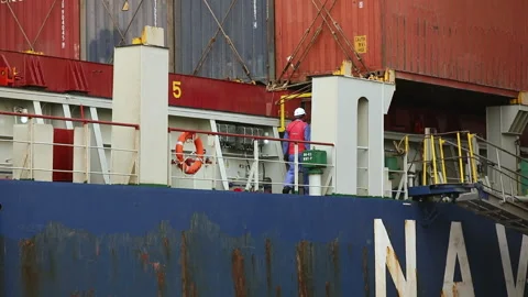 Workers prepare cargo for unloading at port facility in busy harbor Stock Footage 318191015