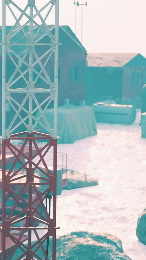 Workers prepare equipment at a facility near the ice in winter Stock Footage 337975761