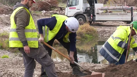 Workers Preparing Demolition Site With Shovels Stock Footage 342019034