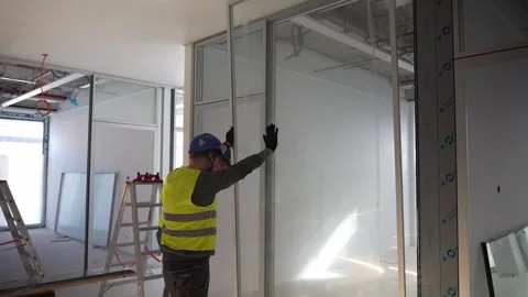 Workers preparing glass door installation inside office interior, handling 動画素材 332521430