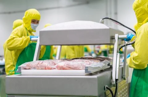 Workers preparing plastic sealed chicken meat bags Foto stock