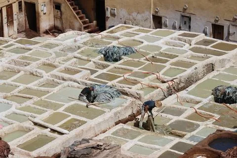 Workers processing animal hides in traditional leather tanning vats viewed from Stock Photos