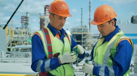 Workers in production plant as team discussing, industrial scene in background Stock Footage