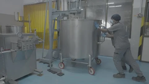 Workers in protective gear moving a large stainless steel vat. Stock-Footage 330156247