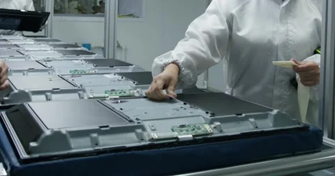 Workers in protective gowns and gloves assemble computer monitors on a conveyor Stock Footage 281480328