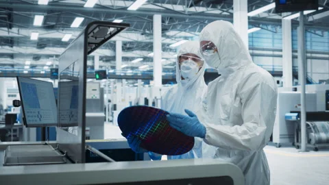 Workers In Protective Suites Using Solder Jet Printer Stock Footage 260482166