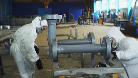 Workers in protective suits paint details of pipeline system Stock Footage 136438113