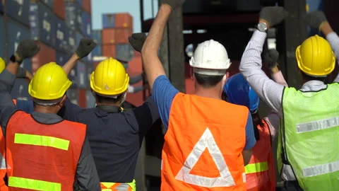 Workers protest in Cargo freight ship for import export logistic During coron Stock Footage 139095976
