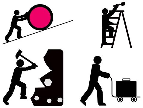 Workers pushing load climbing ladder drilling wall welding machine teamwork Illustrazione stock