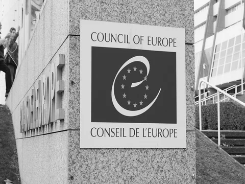 Workers put all flags at half-mast at Council of Europe black and white Stock Footage 80618815