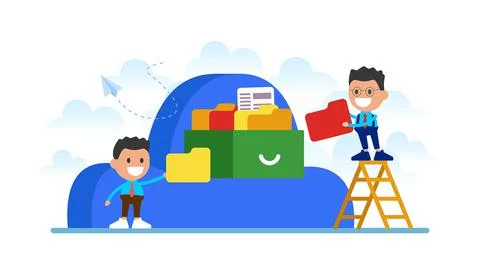 Workers put data in the cloud storage.	 Stock Illustration