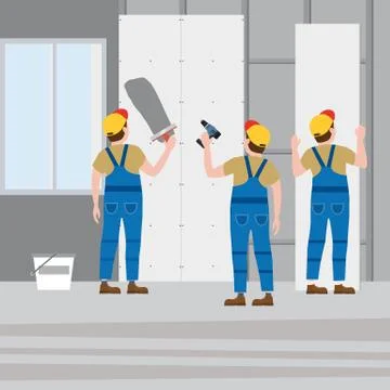 Workers put plaster, installing gypsum plasterboard panels in the interior Stock Illustration