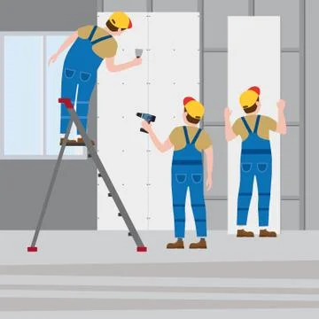 Workers put plaster on a stepladder, installing gypsum plasterboard panels in Stock Illustration
